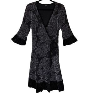 Komarov Black and Gray Velvet Flocked Wrap Dress Size L